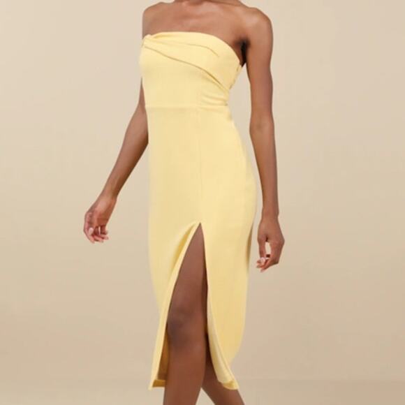 Lulus NWOT Twist and Make Up Light Yellow One-Shoulder Bodycon Midi Dress Small - Picture 2 of 9